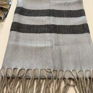 Light Gray Fringe Scarf with Black Stripes